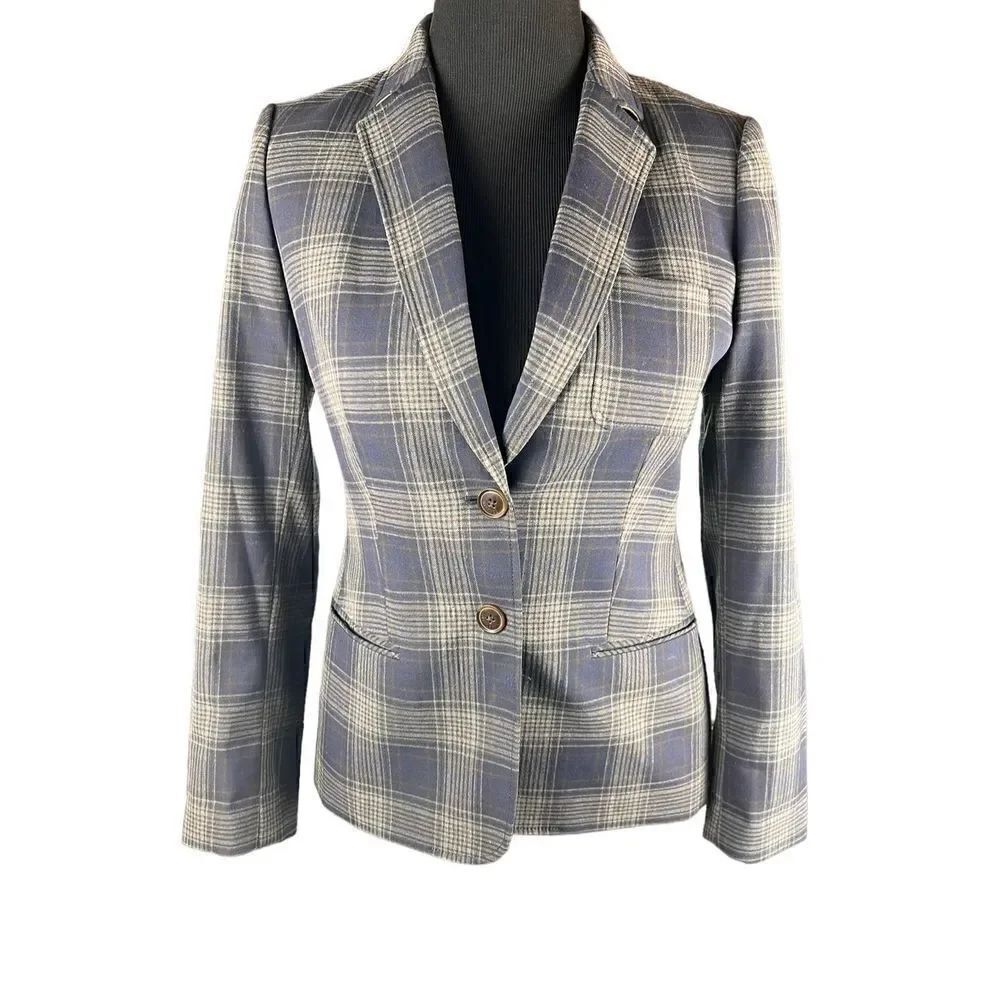 Tommy Hilfiger plaid blue gray patch sleeve tartan 2 button blazer fitted 8